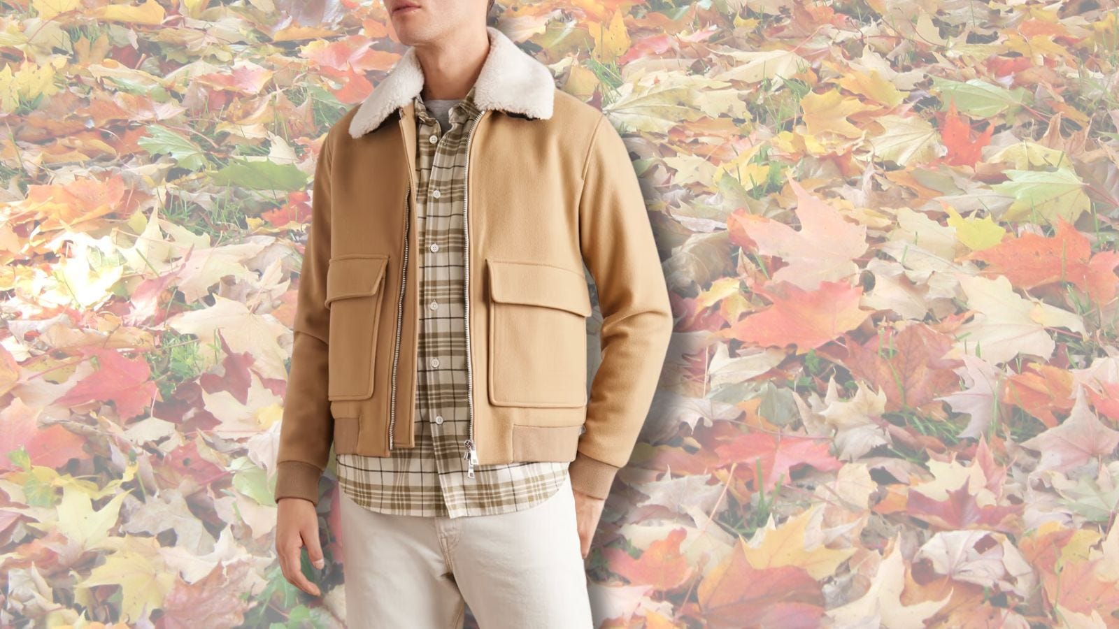 man in a plaid flannel shirt and cream-colored pants, set against a background of fall leaves