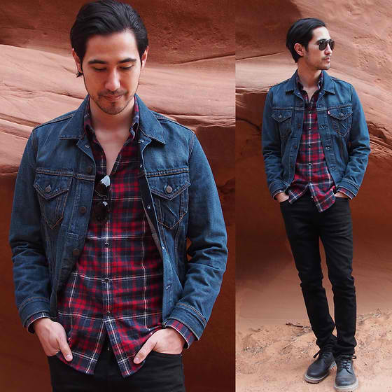 Jean jacket with plaid hot sale shirt