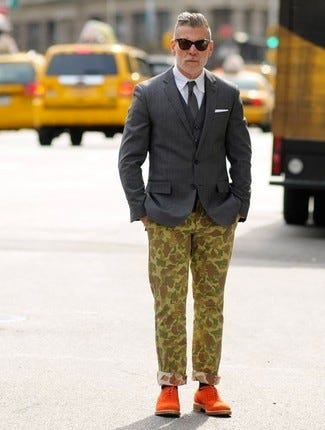 camo print outfit idea, nick wooster style