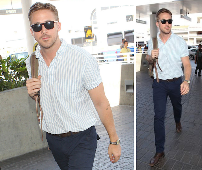 ryan gosling wearing casual short sleeve shirt at airport