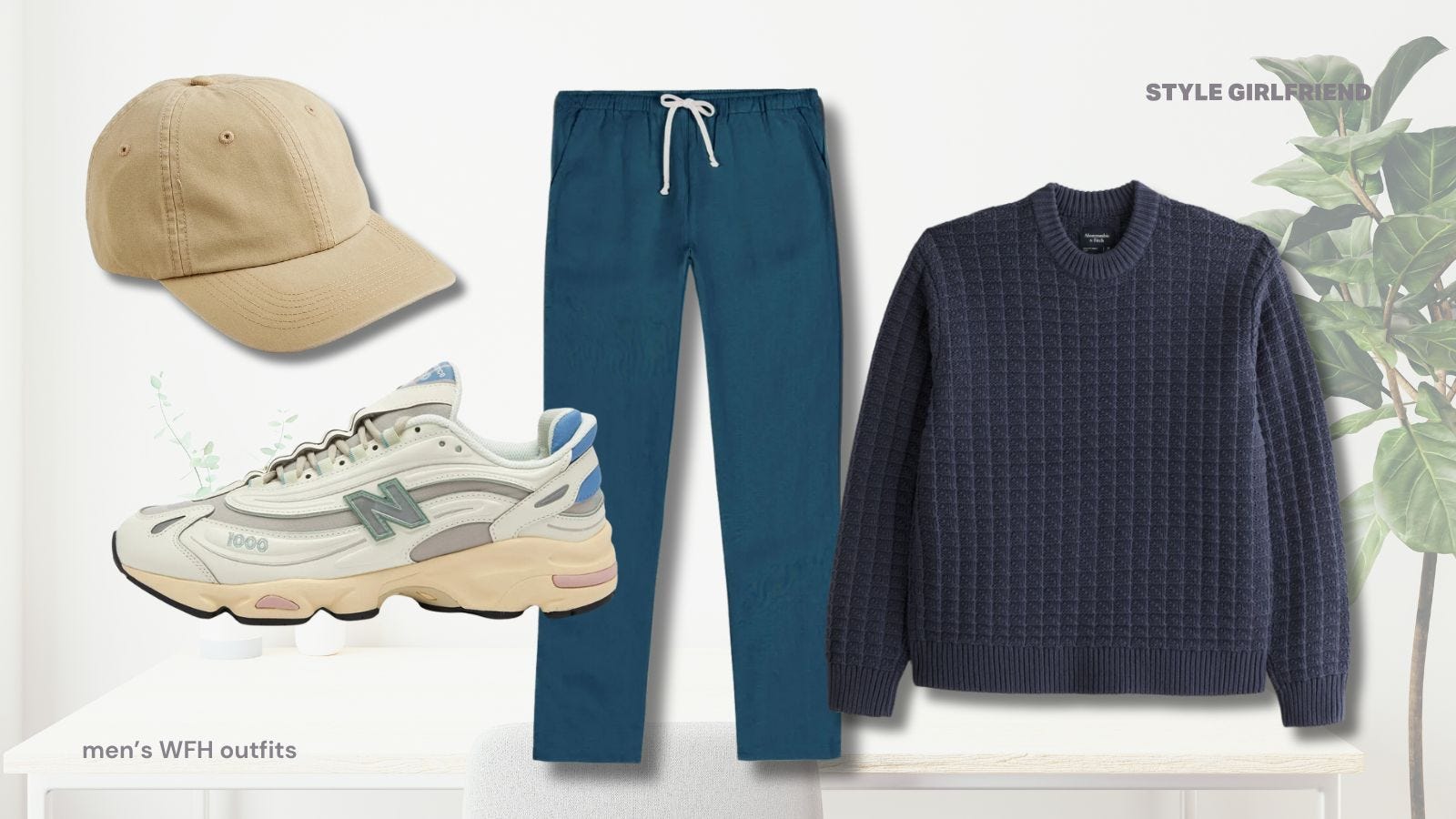 Home office outfit including blue pants, navy sweater, tan baseball cap and New Balance sneakers