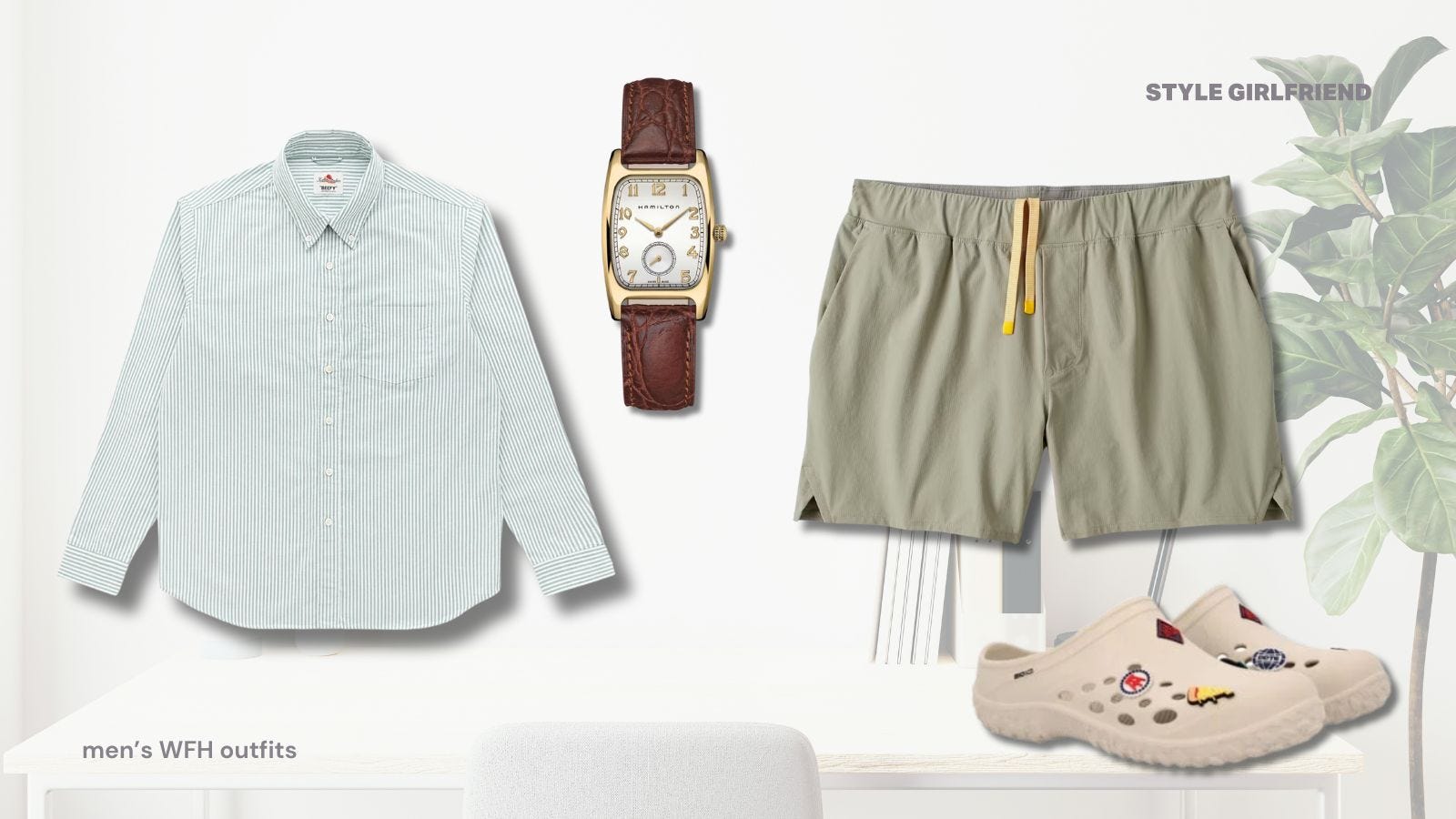 Flat lay men's loungewear including green oxford shirt, belt watch, sports shorts and slip-on clogs