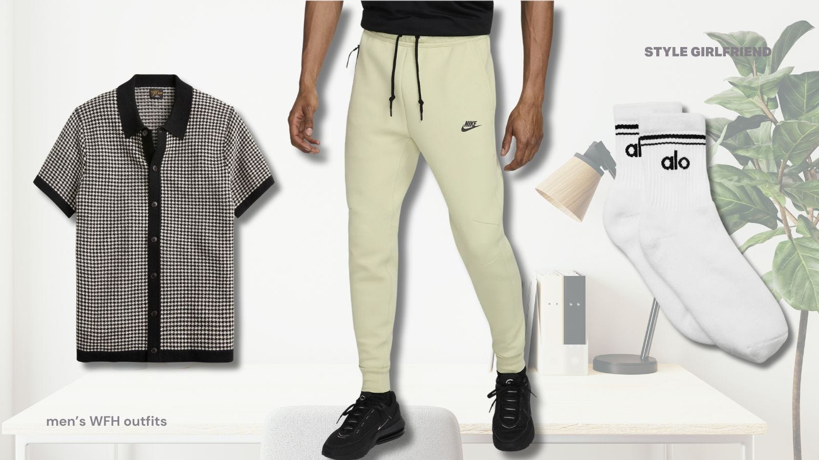 Men's home office set, including black and white sweater polo shirt, light green Nike Tech fleece jogging pants and Alo socks