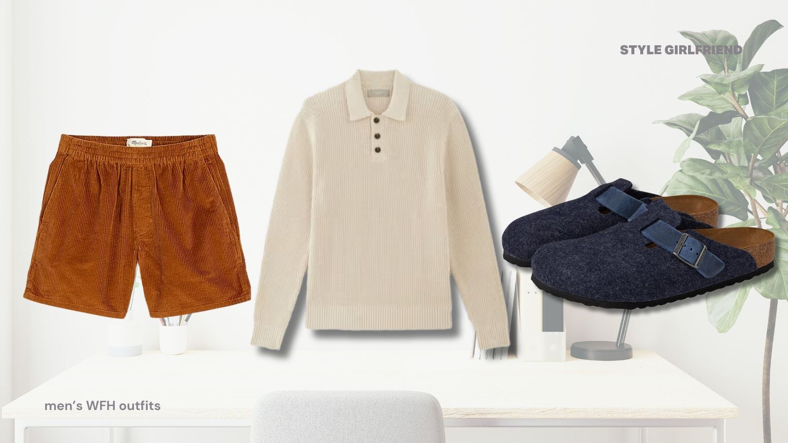 Men's workwear from home, including orange corduroy shorts, cream knit polo shirt and navy wool Birkenstocks