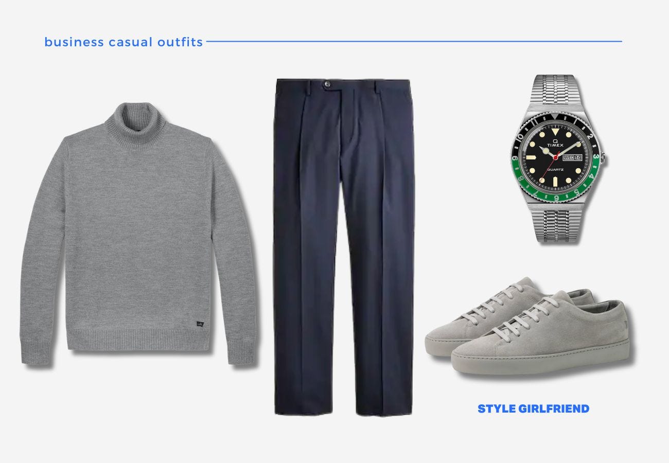 men's business casual outfit with turtleneck, dress pants, and suede sneakers