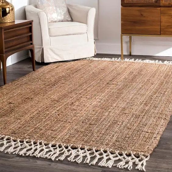 Raleigh Farmhouse Fringed Jute Tan  rug, gender neutral decor