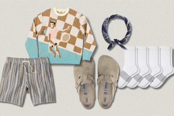 mens patterned shorts outfit featuring a checkered sweater, birkenstock clogs, tall white socks and a blue bandana