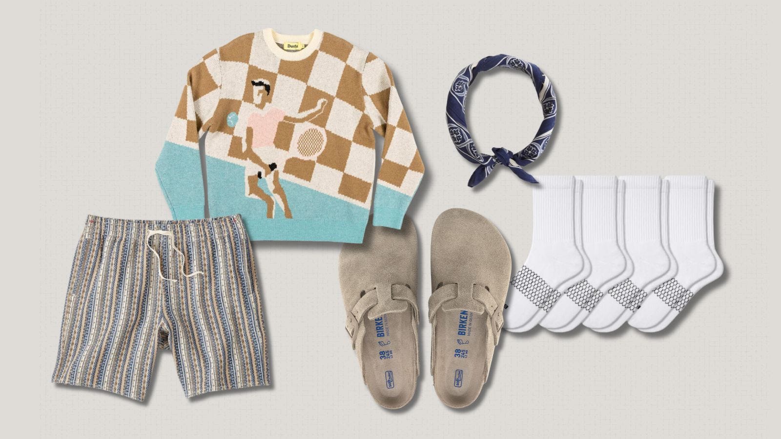 mens patterned shorts outfit featuring a checkered sweater, birkenstock clogs, tall white socks and a blue bandana
