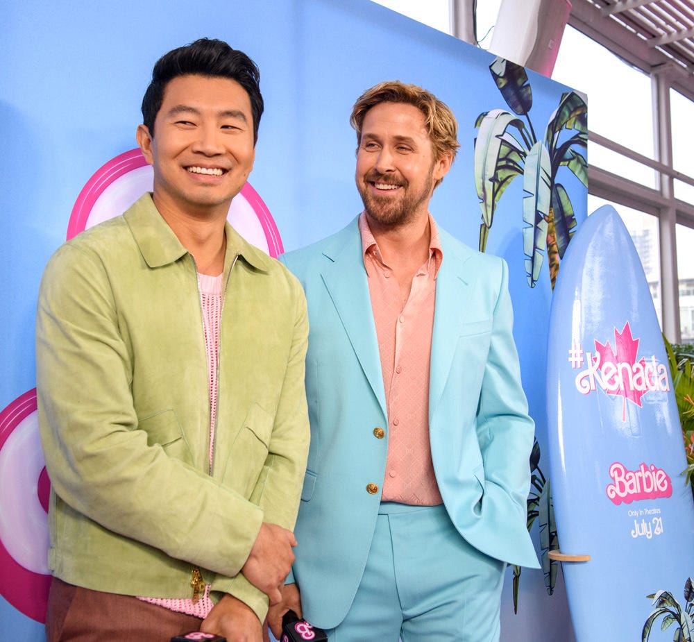 Simu Liu and Ryan Gosling in barbie pink outfit for men