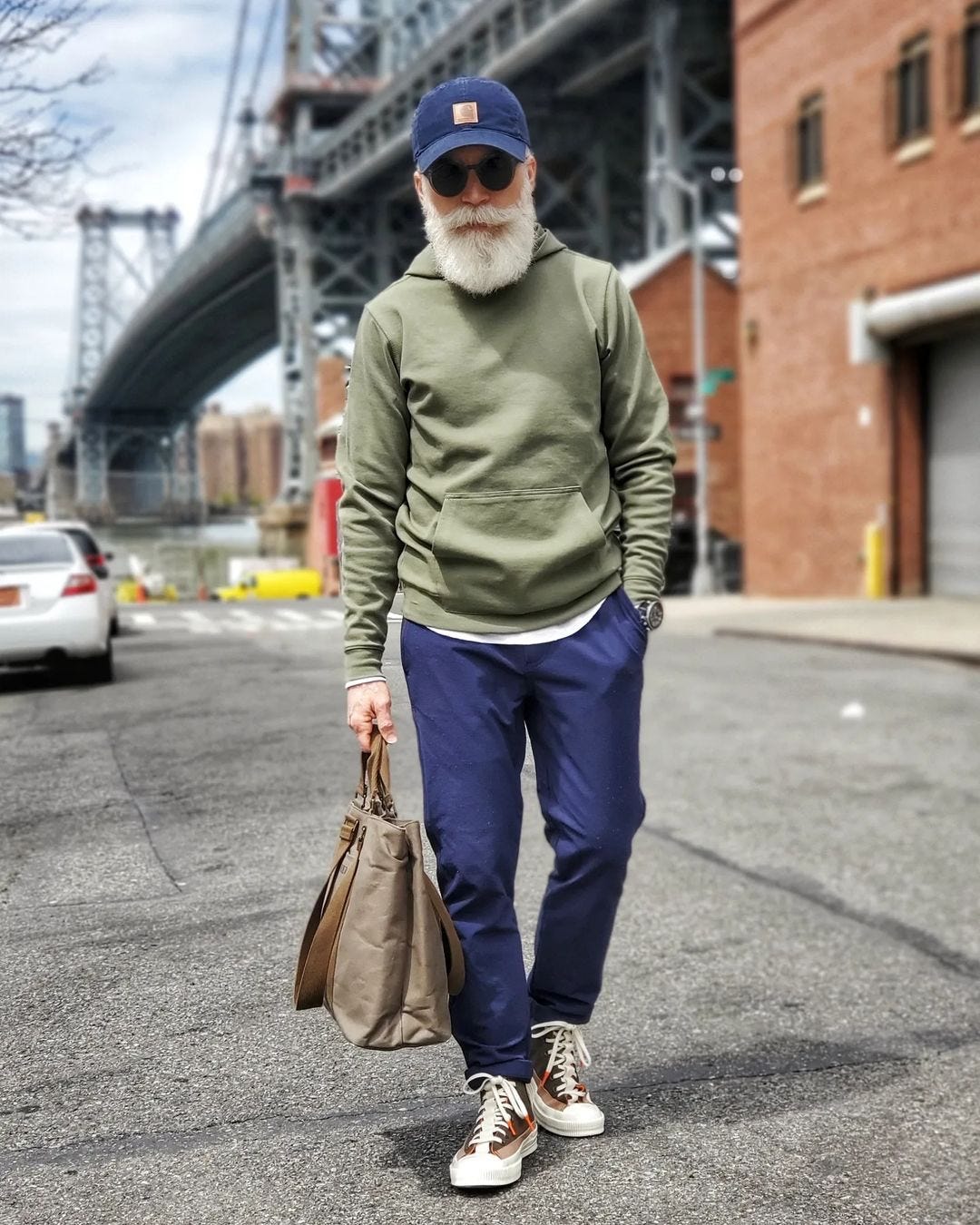 man with beard in light green hoodie and blue pants
