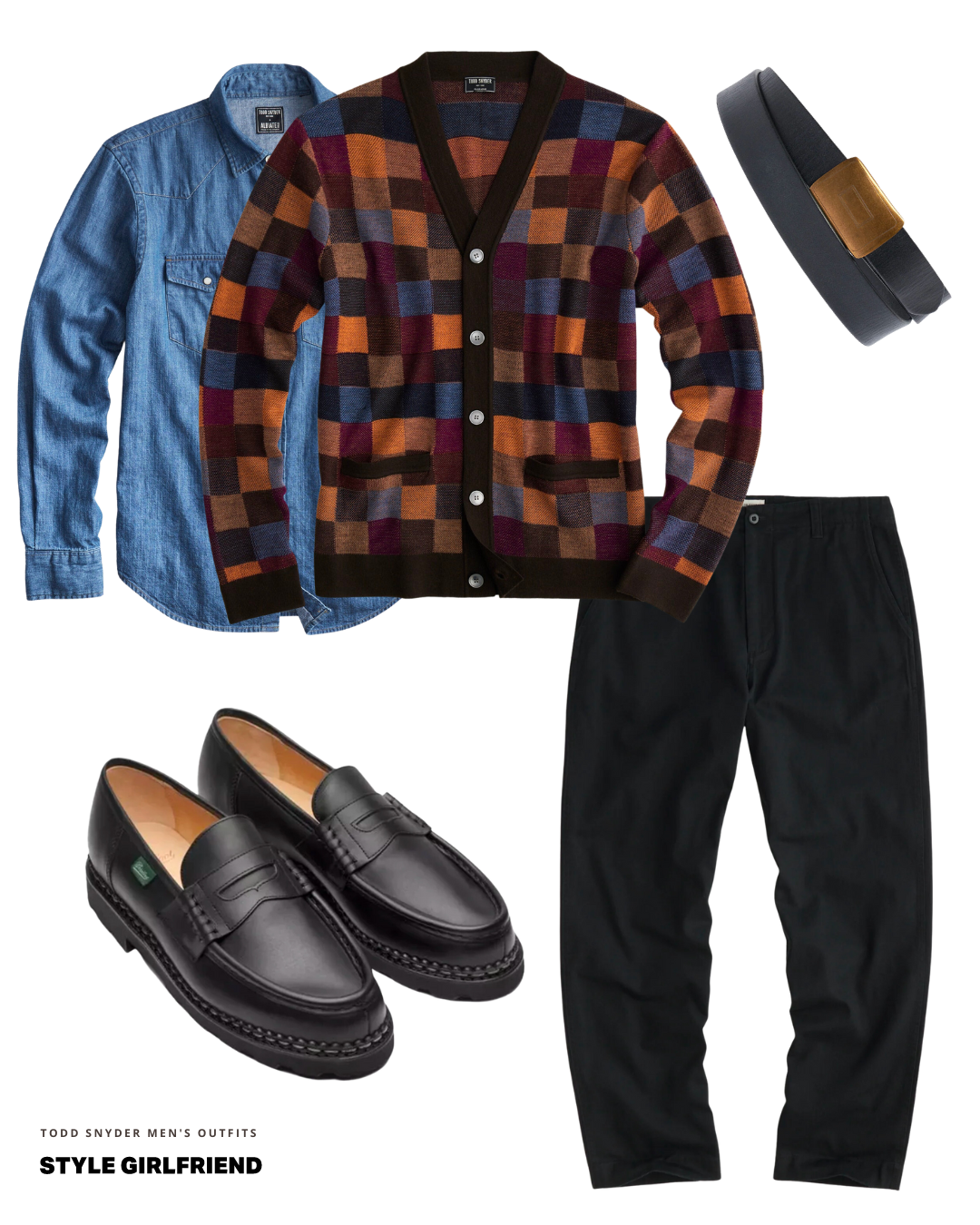 Todd Snyder fall outfit with cardigan and wide leg chinos