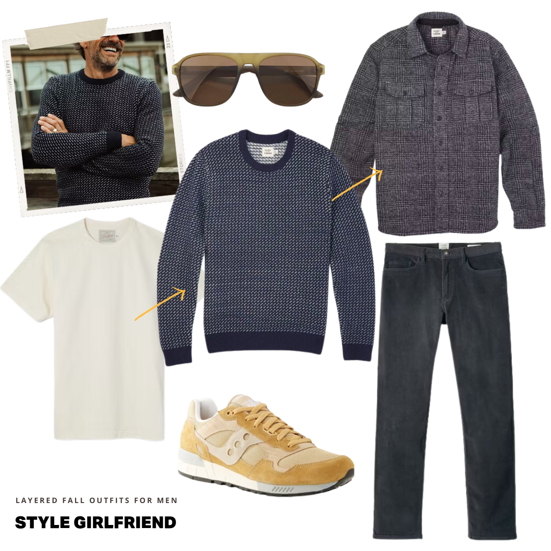 men's fall outfit idea with sweater and shacket