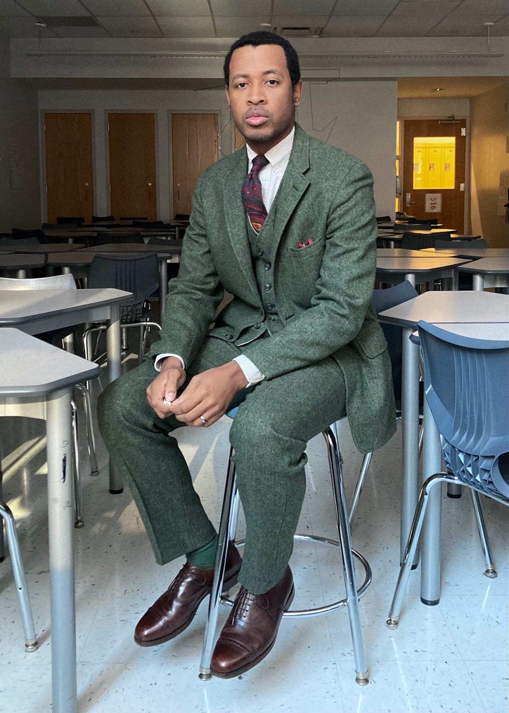 acute style green three piece suit