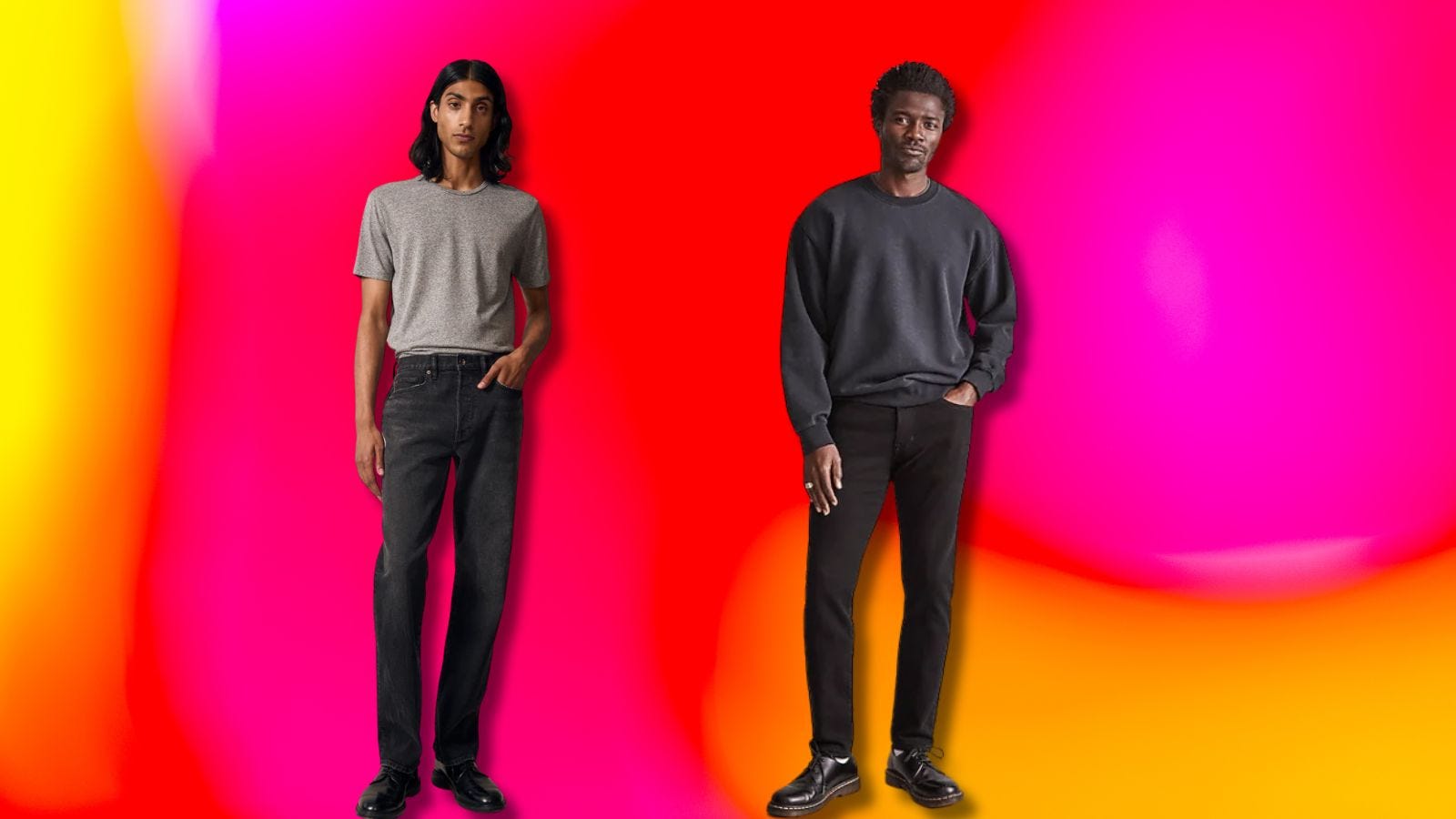 two stylish men wearing black jeans and grey shirts, set against a bright red, pink, and orangey-yellow background