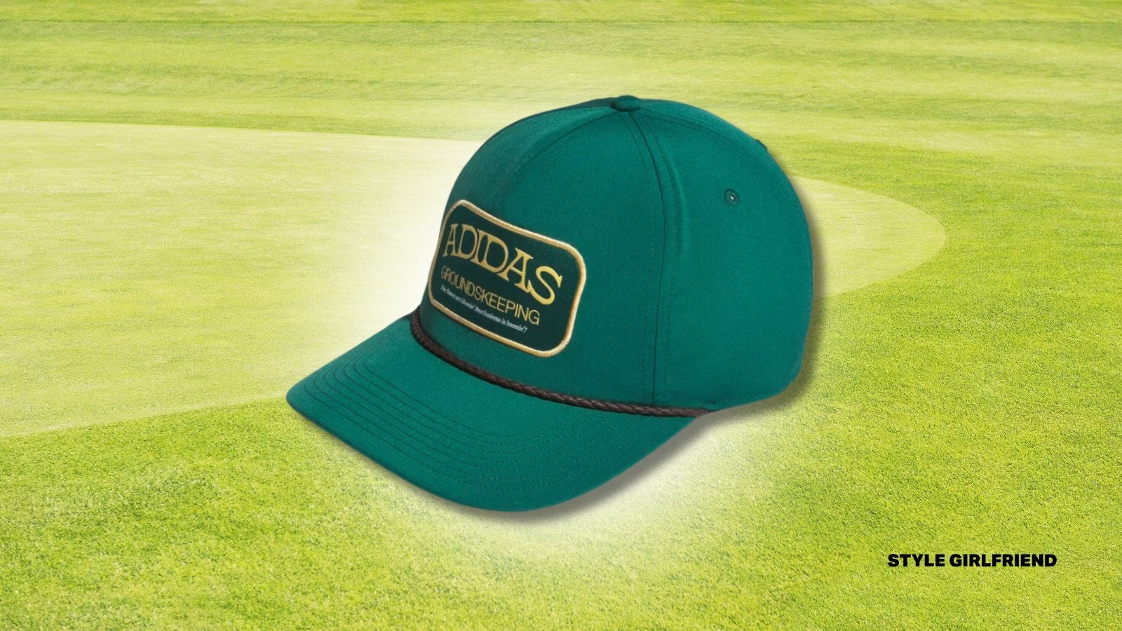 adidas green 'season opener' hat set against a green golf background