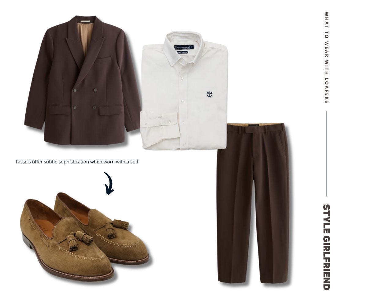 men's business casual suit flat lay featuring a brown double breasted suit with white oxford shirt and suede brown tassel loafers