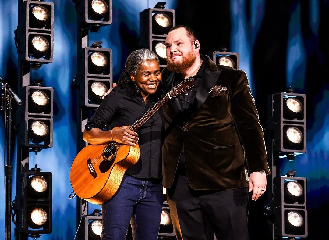 luke combs and tracy chapman onstage at the grammys 2024