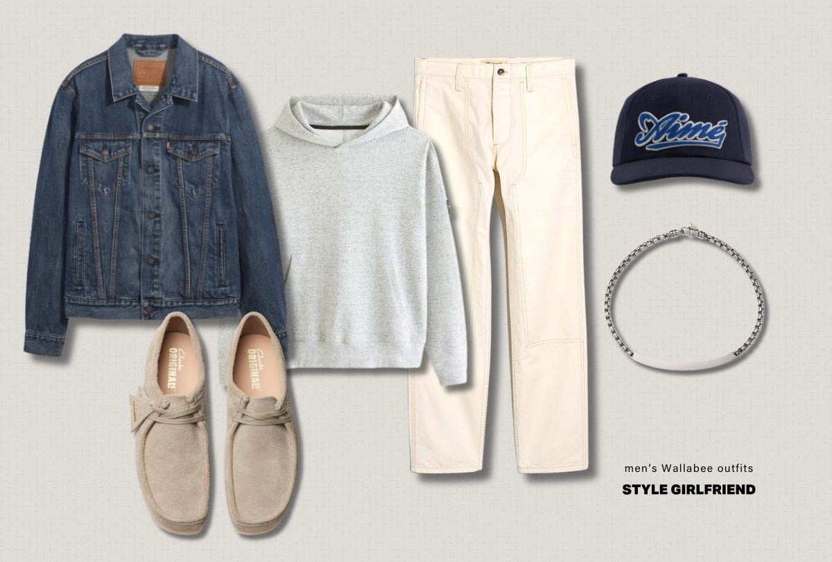 wallabee mens outfit with carpenter pants, hoodie, and denim jacket