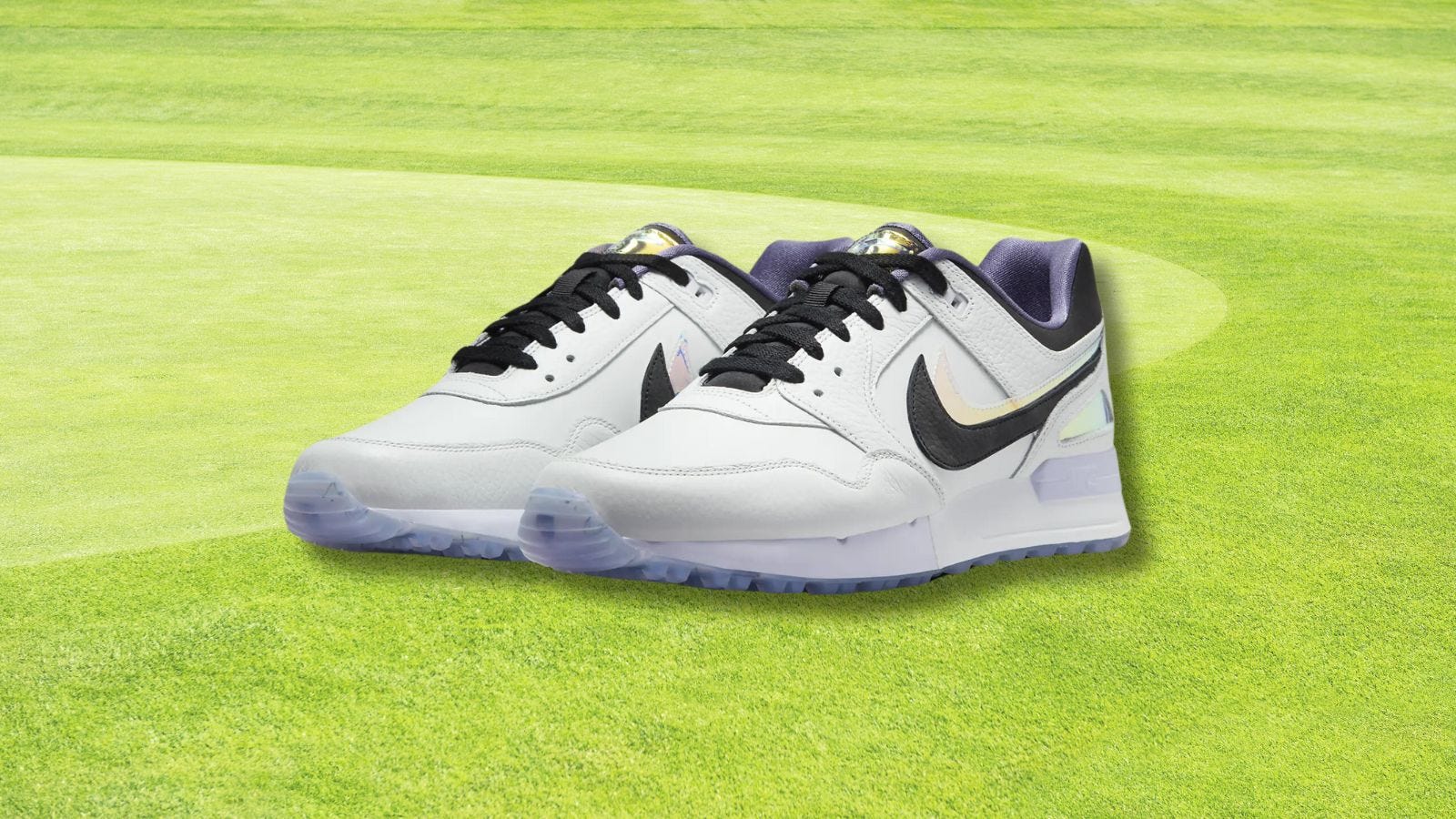 pair of nike air pegasus 89 g nrg golf shoes set against a golf green background