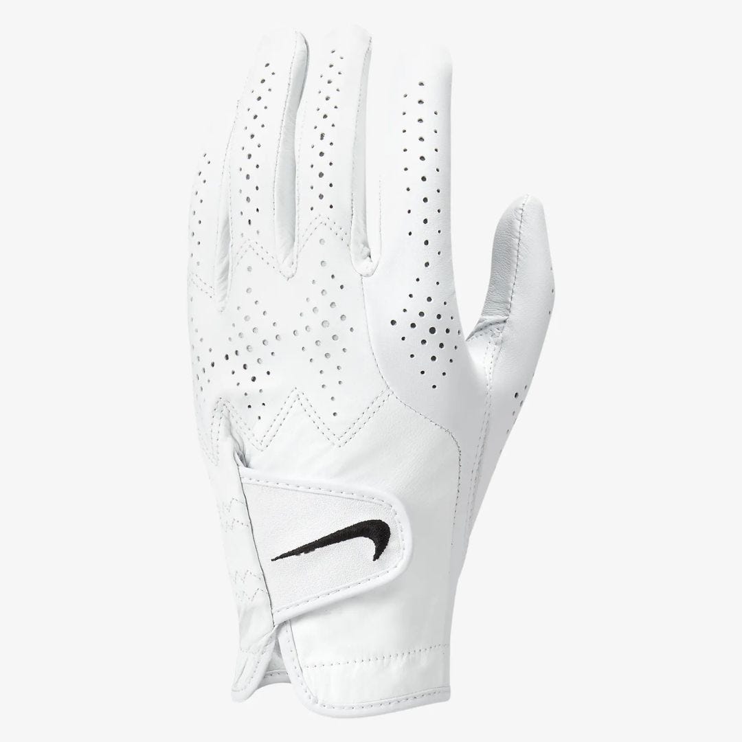 white golf glove with black nike swoosh logo on wrist