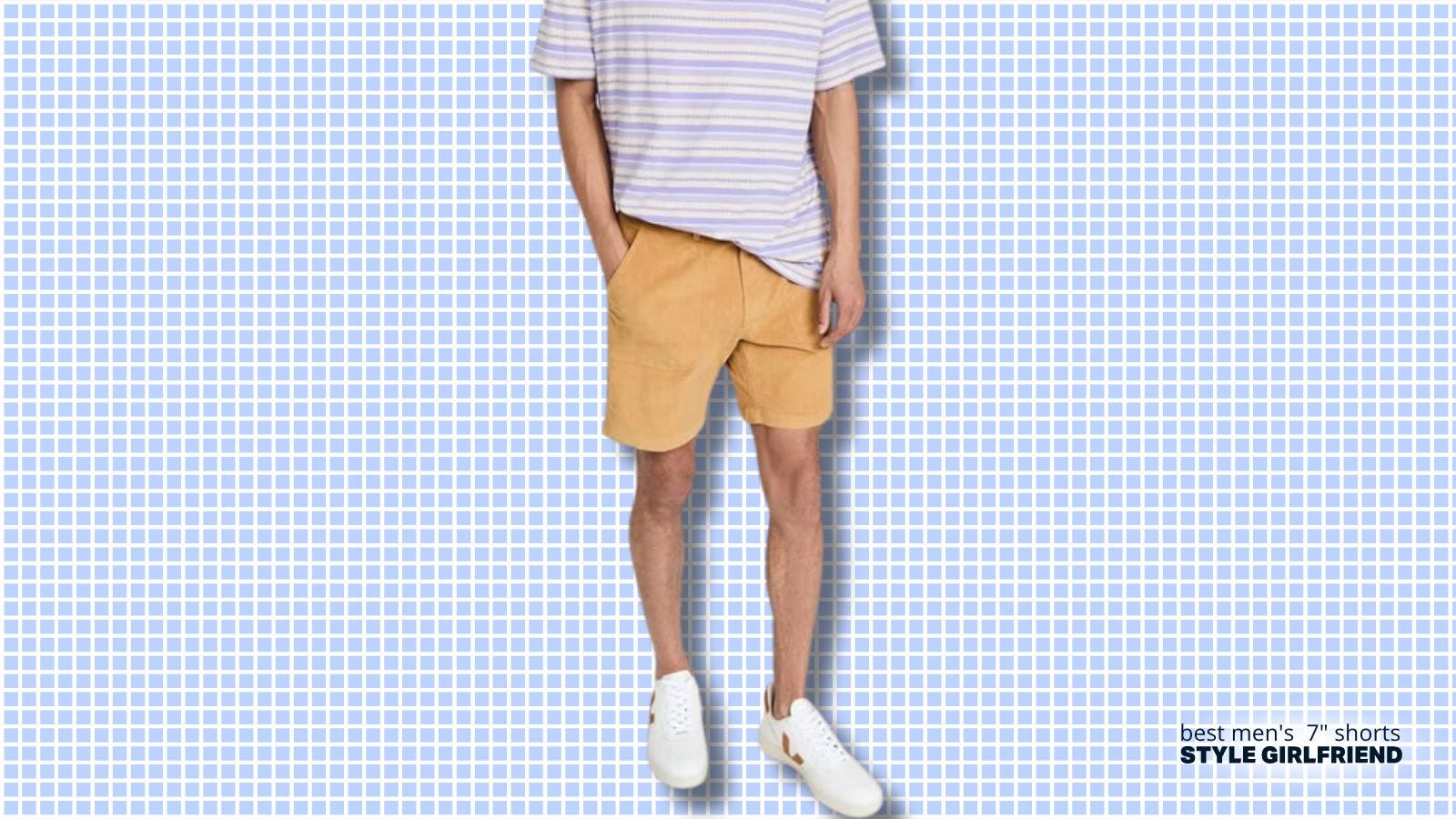 lower half of man wearing lavender striped t-shirt and yellow corduroy shorts with white sneakers