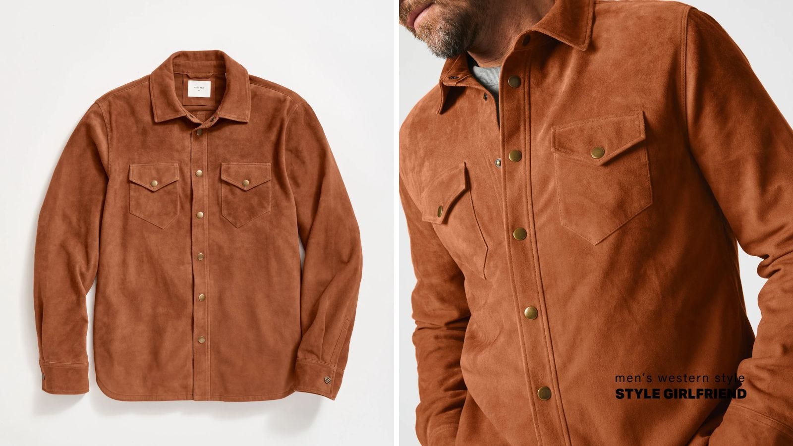 two images: on left, a flatlay of a cinnamon brown suede workshirt from billy reid. on the right, a closeup of the same shirt being worn by a male model with a beard 