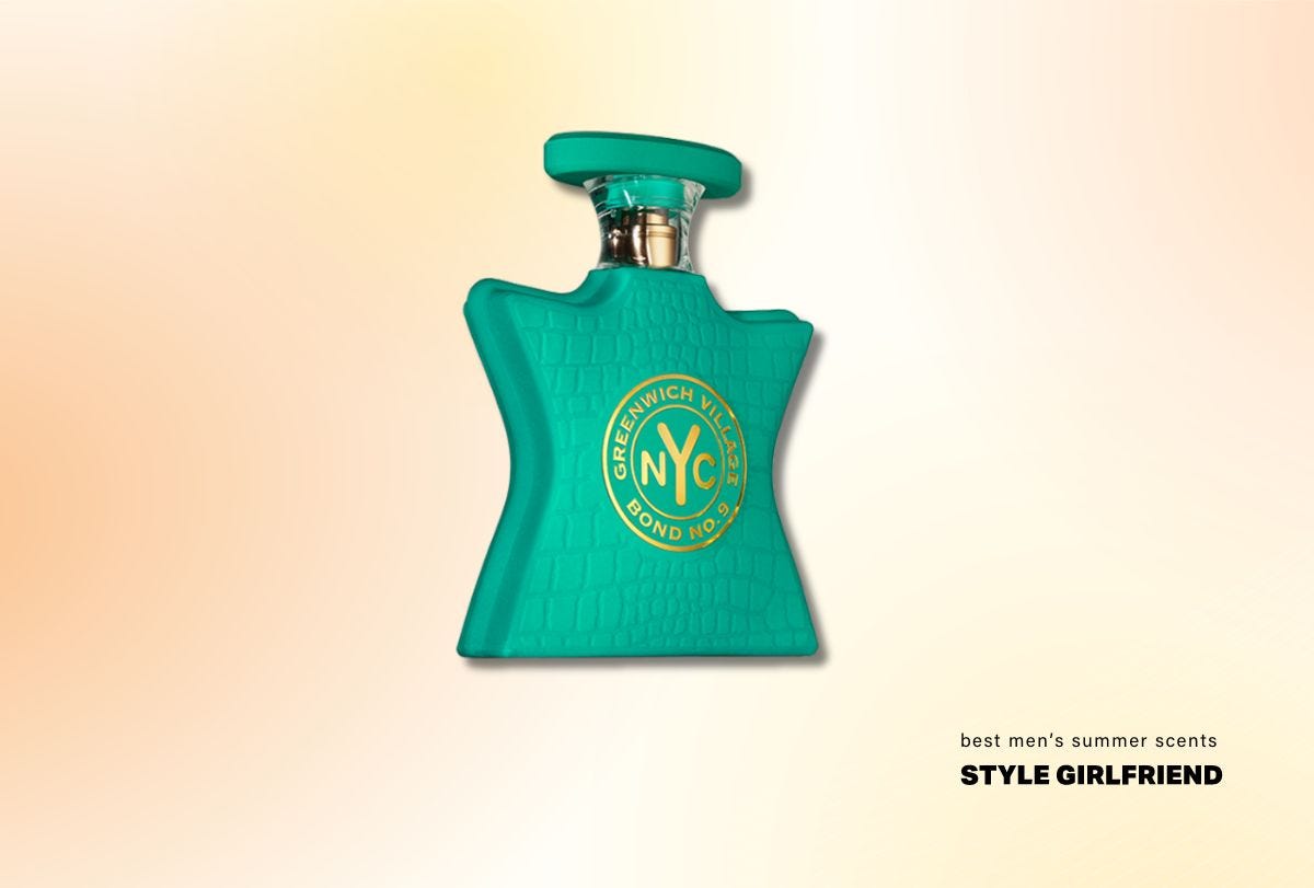 green bottle of fragrance shaped like a star with gold lettering and accents