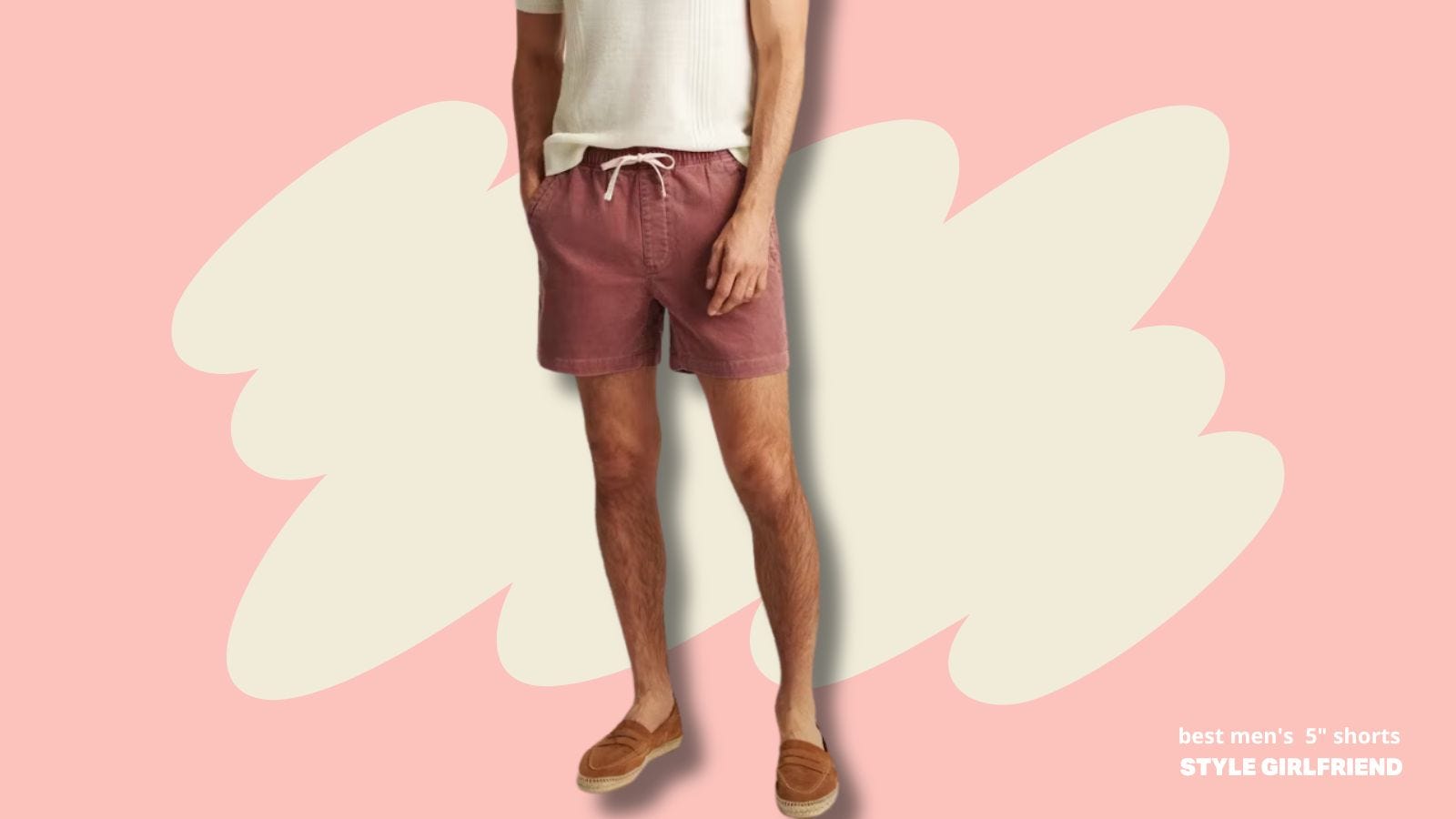 lower half of a man wearing a cream-colored short-sleeve shirt, drawstring red shorts, and suede espadrilles