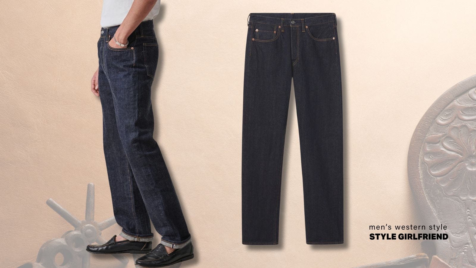 side by side images, lower half of a man standing sideways and wearing a white t-shirt, dark jeans, and black loafers, image on the right is a product flatlay of the jeans from the front