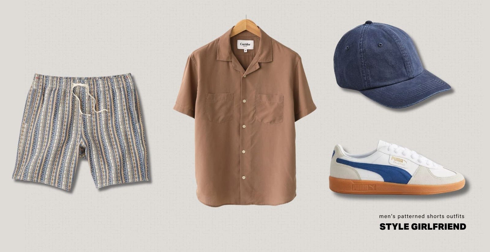 Flat lay of men's casual spring clothing including patterned shorts, brown short sleeve button-down shirt, baseball cap and Puma sneakers