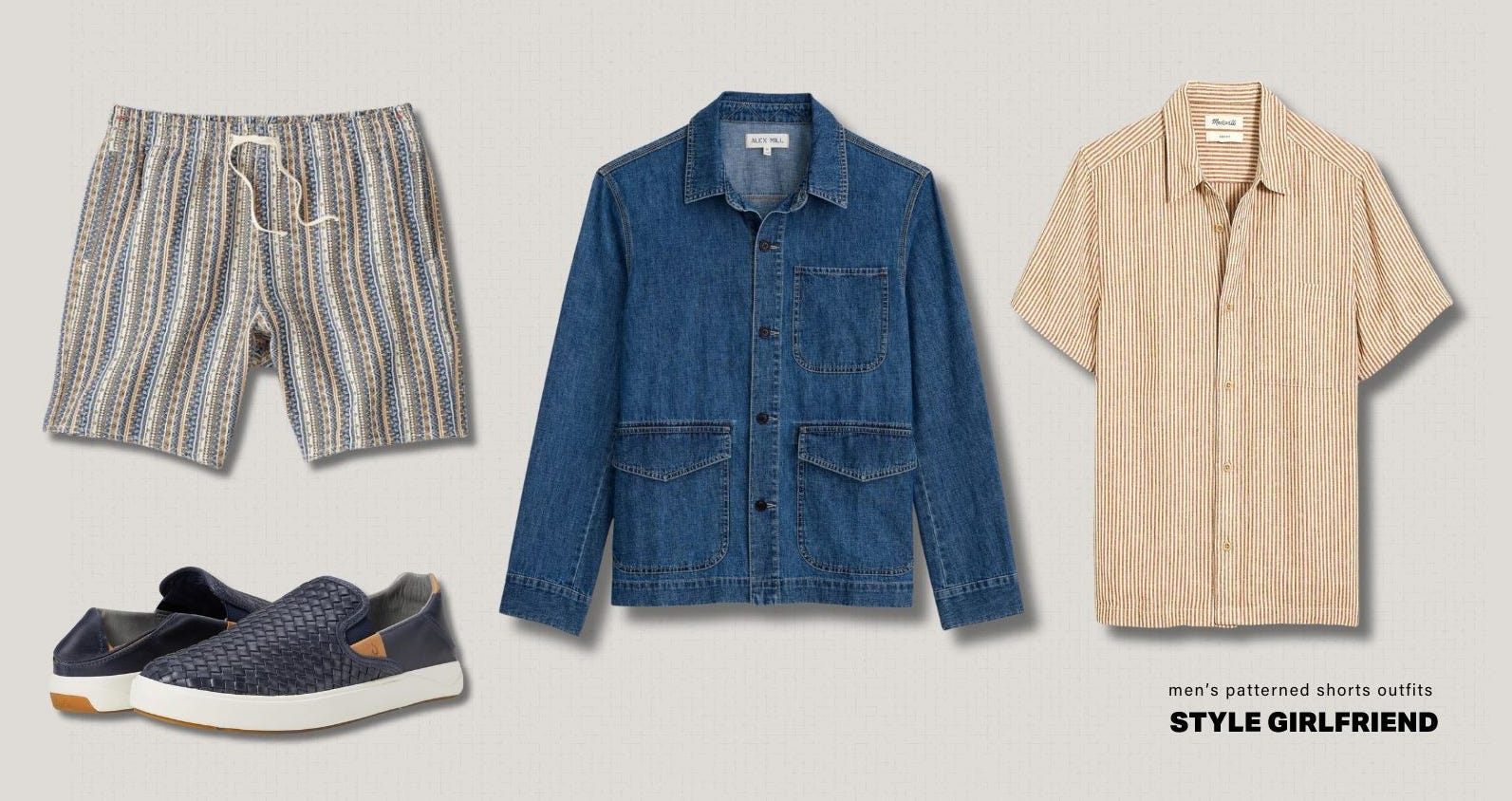 men's spring outfit featuring patterned shorts, an orange short sleeve shirt, denim overshirt, and leather slip-on shoes