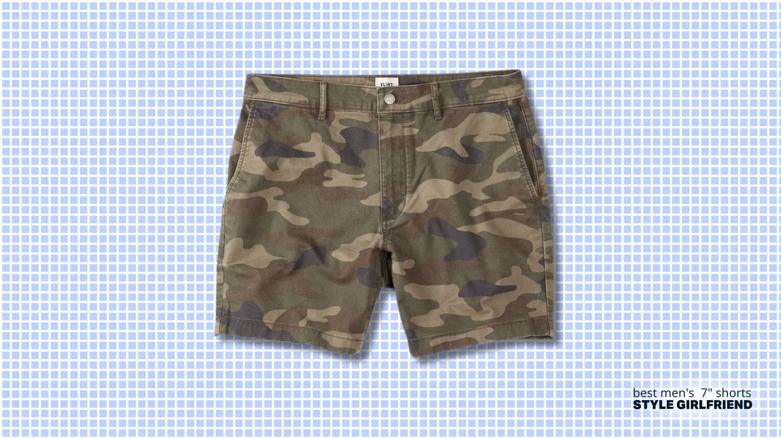 pair of camouflage-patterned shorts against a blue check background. text on-screen reads: best 7-inch shorts for men