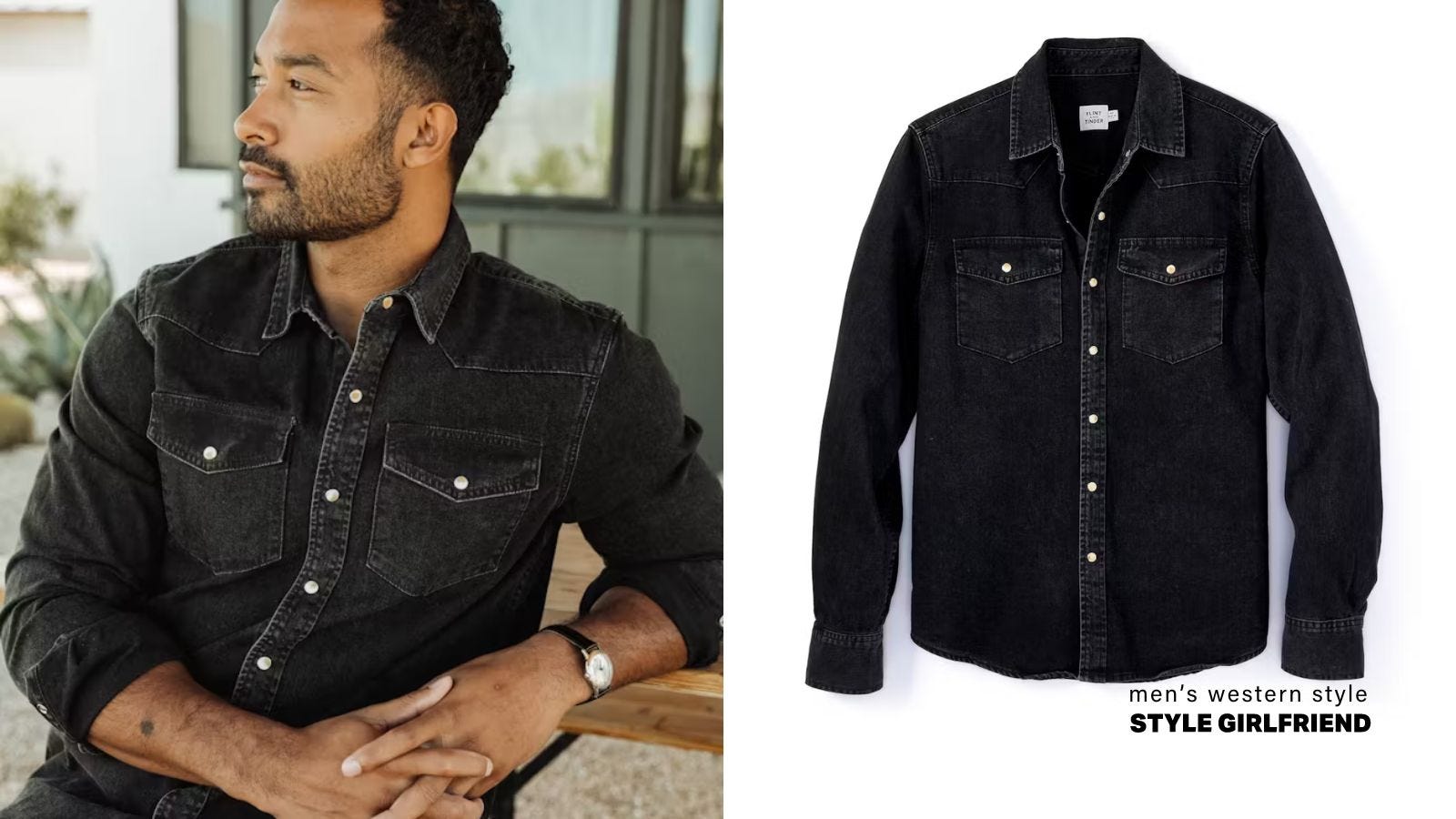 side by side images: on the left, a close-up of a man wearing a black snap-button western shirt, on the right: that same shirt in a product flat lay image