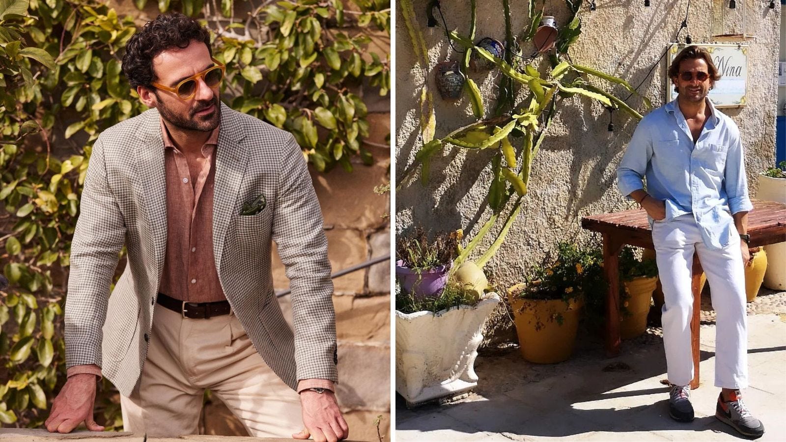 side by side images of men dressed in classically elegant "Italian summer" style