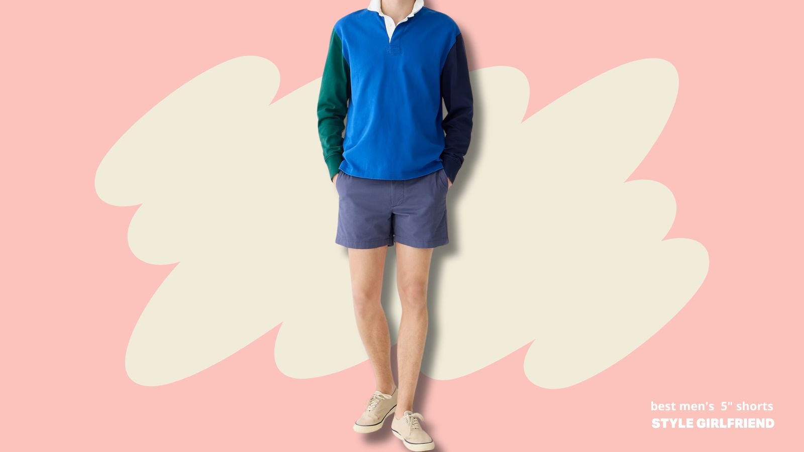 image of man from neck down, wearing a bright blue rugby shirt, with lighter blue shorts, and canvas sneakers against a pink background