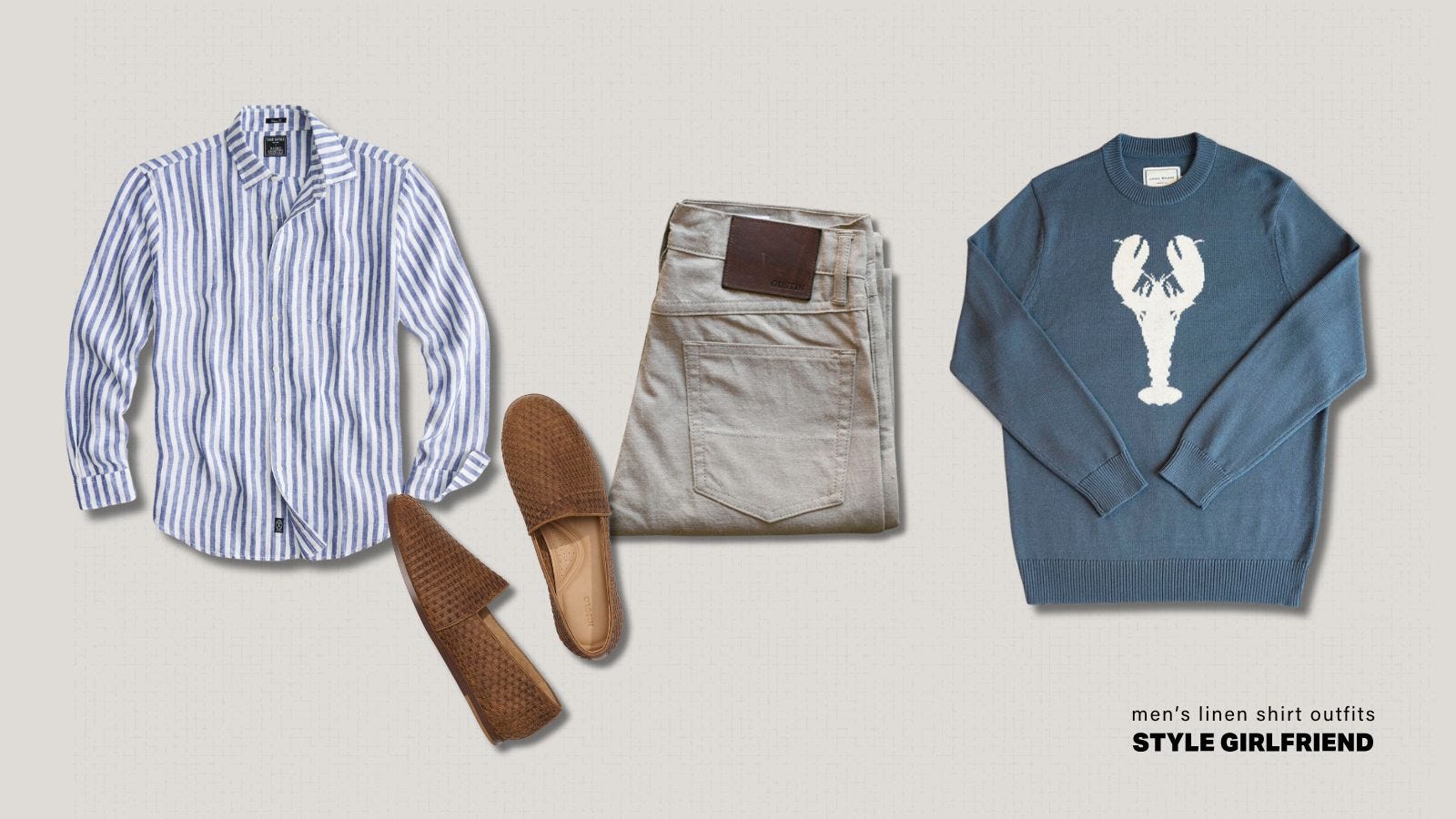 men's linen shirt outfit with chambray 5-pocket pants and a blue sweater