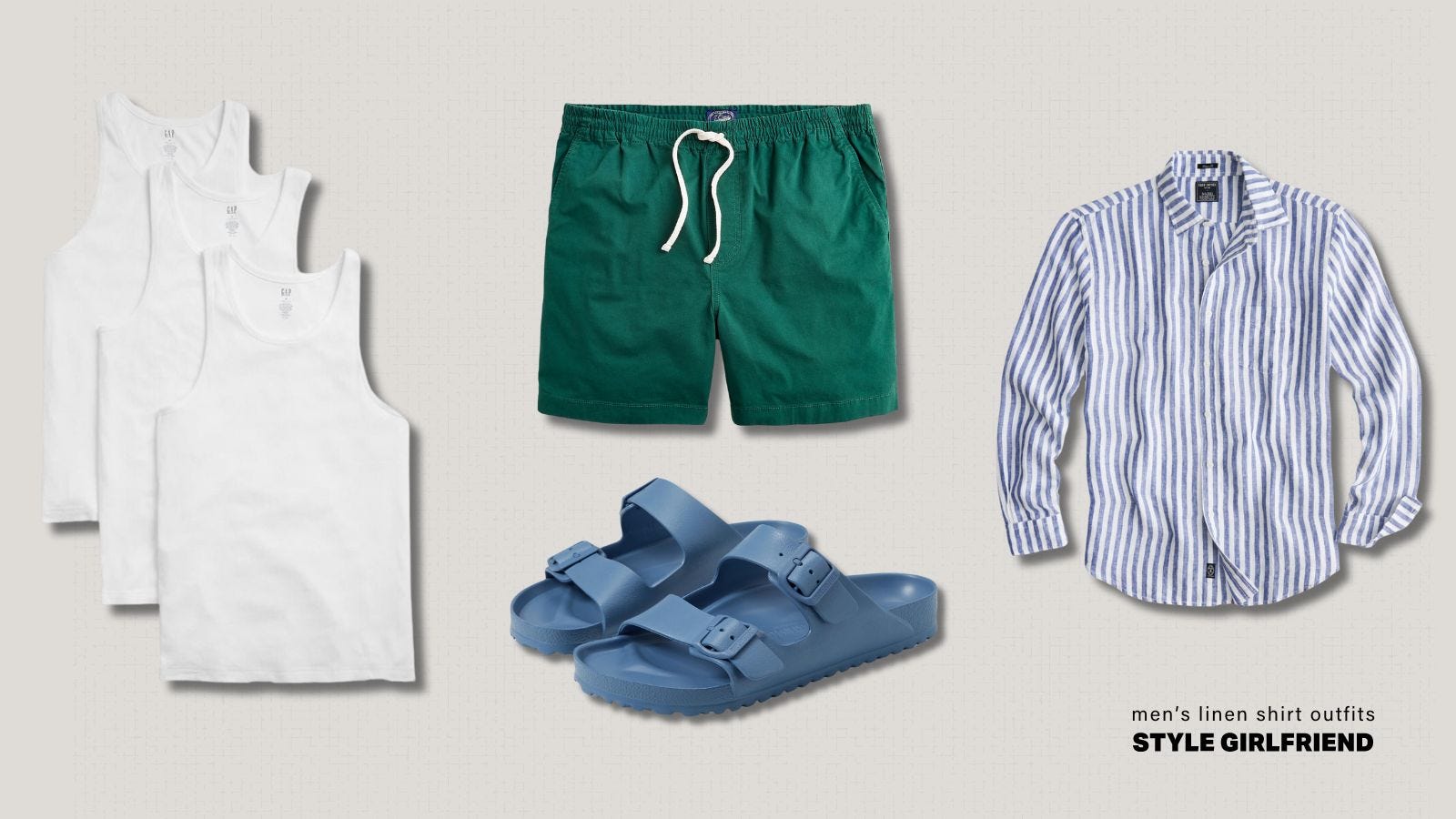 men's casual linen shirt outfit with green shorts and birkenstock sandals