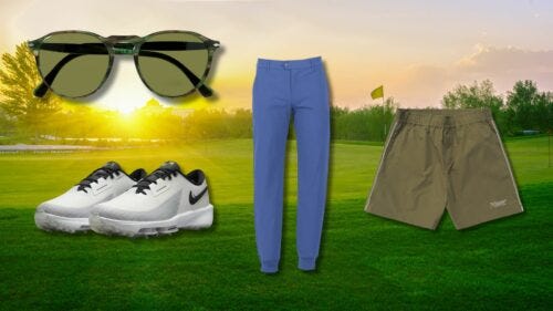 various men's golf clothes and accessories, set against a golf green background