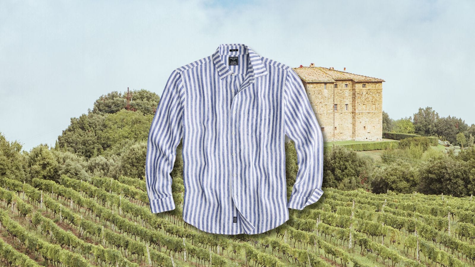 feature image on a blog post for stylish men's linen shirt outfits. image is a flat lay of a striped linen shirt, set against an Italian countryside background