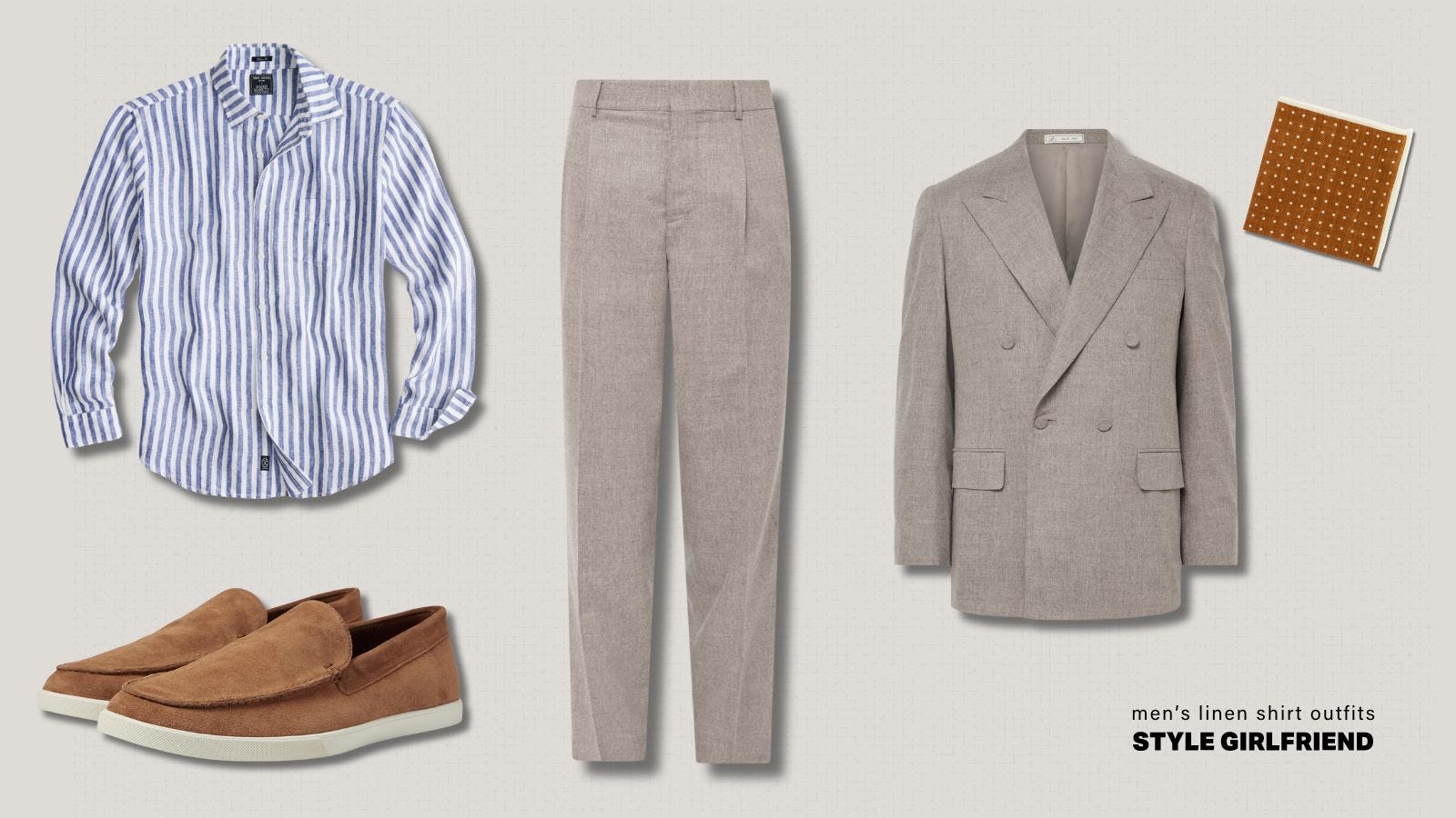 men's linen shirt outfit with suit and suede slip-on shoes