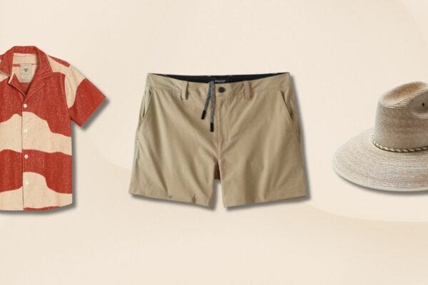 mens performance shorts outfit with short-sleeve button down shirt and wide-brimmed hat