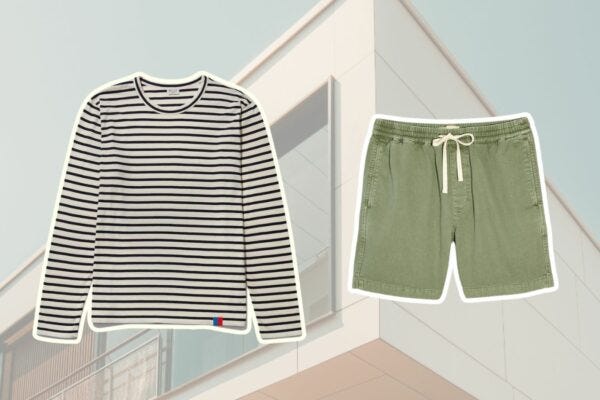 image of a men's striped Breton shirt and green drawstring shorts set against a faded background of a modern home