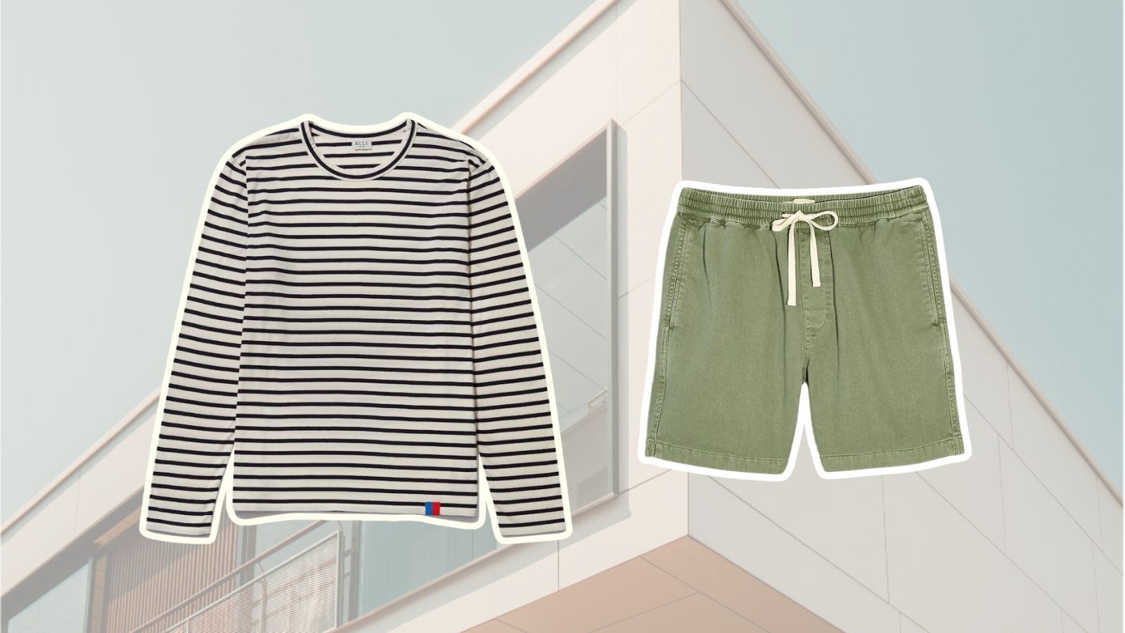 image of a men's striped Breton shirt and green drawstring shorts set against a faded background of a modern home