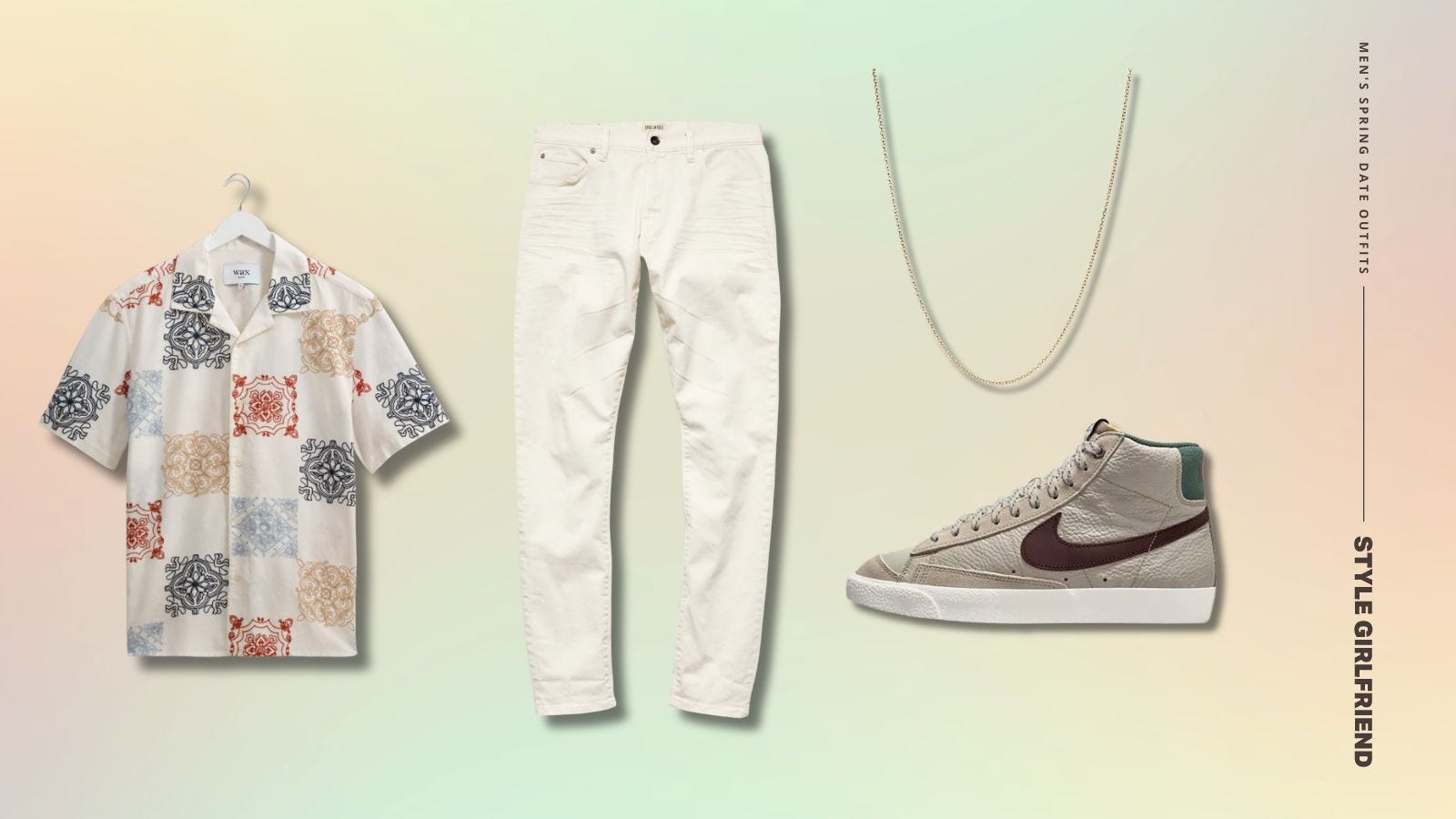 men's outfit featuring a short-sleeve patterned shirt, off-white jeans, a chain necklace, and Nike mid sneakers