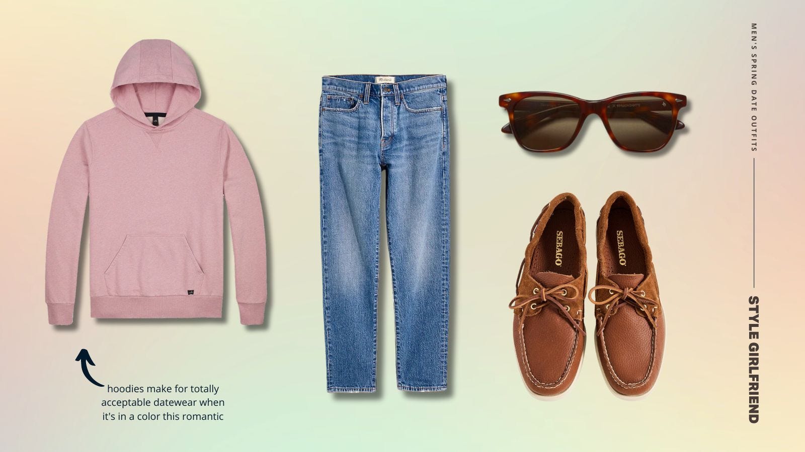 collage of men's clothing items for a spring date. items include a pink hoodie sweatshirt, blue jeans, tortoiseshell sunglasses, and brown lace-up boat shoes