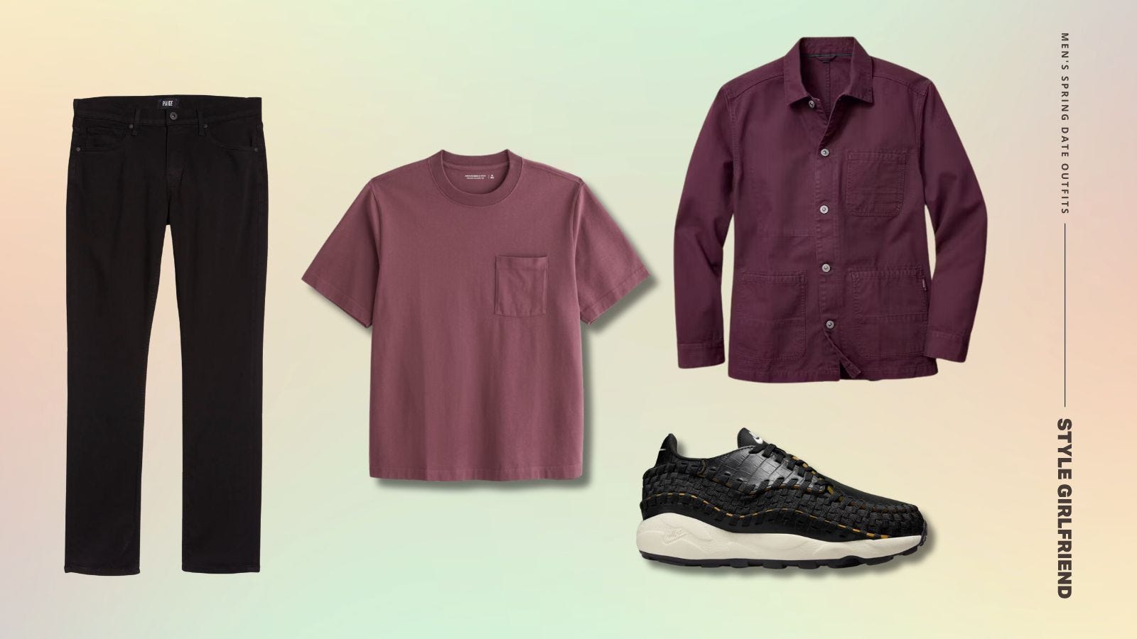 men's outfit featuring black jeans, maroon t-shirt and shirt jacket, and black low-top sneakers