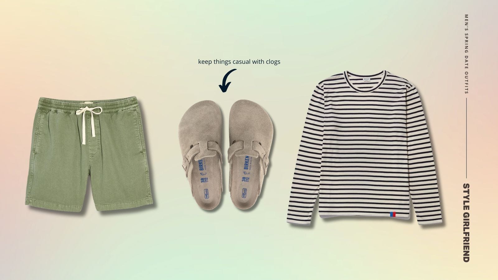 men's outfit featuring light green drawstring shorts, Birkenstock clogs, and a long-sleeve striped Breton shirt