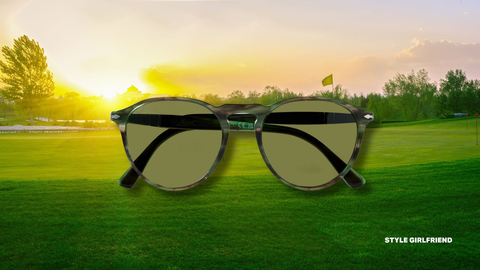 men's acetate sunglasses with green tint lenses, set against a golf green background