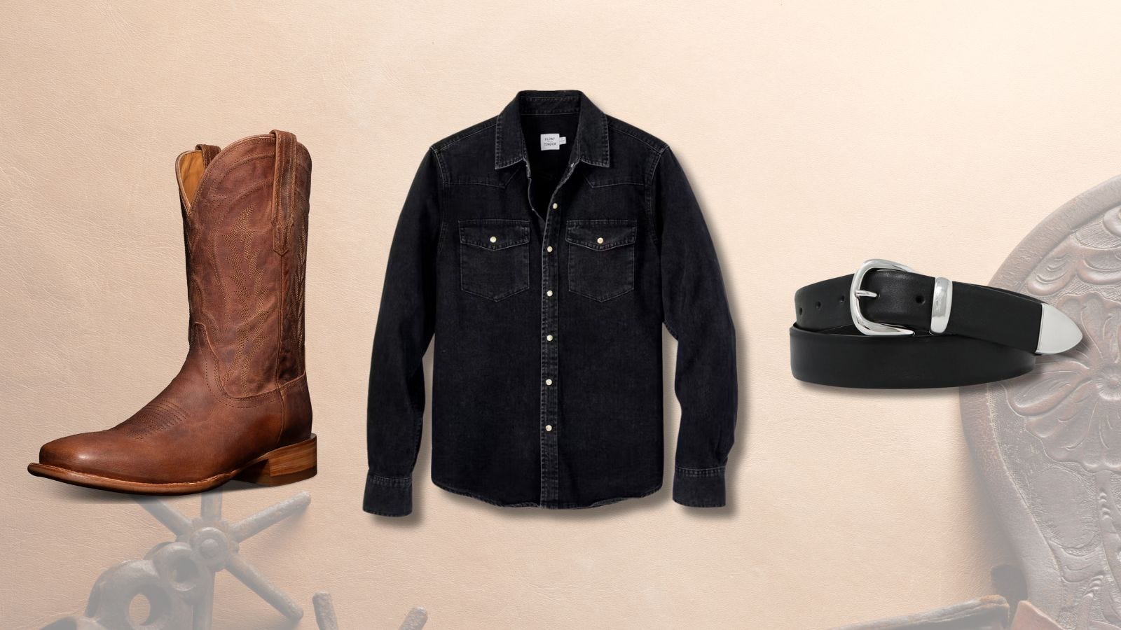 three product images set against a western-themed background, from left to right: brown cowboy boots, a black, button-front denim shirt, and a black belt with silver buckle