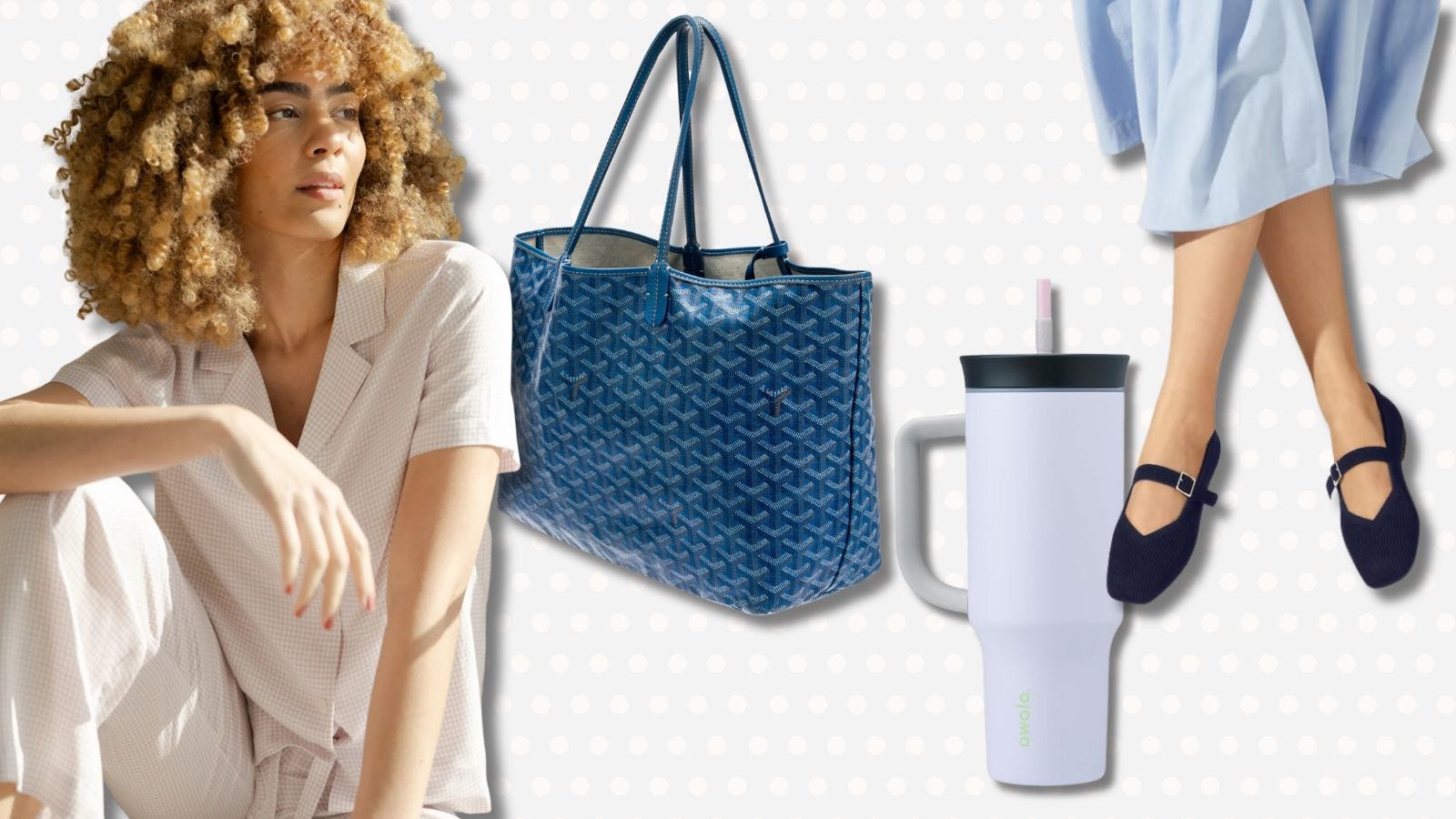 image of a roundup of stylish mother's day gift ideas, including a pajama set, goyard bag, owala water bottle, and navy flats